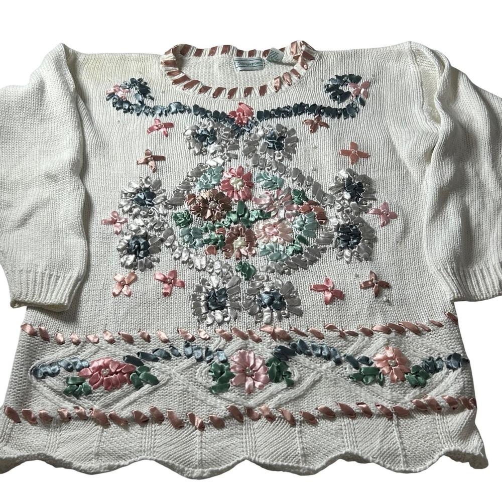 Vintage Shenanigans Sweater Women S White Ramie Cotton Ribbon Floral Cottagecore